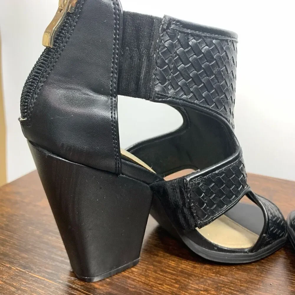 C est 1946 Women's Leather Zip Up Open Toe Ankle Block Heel Boots Black Size 6